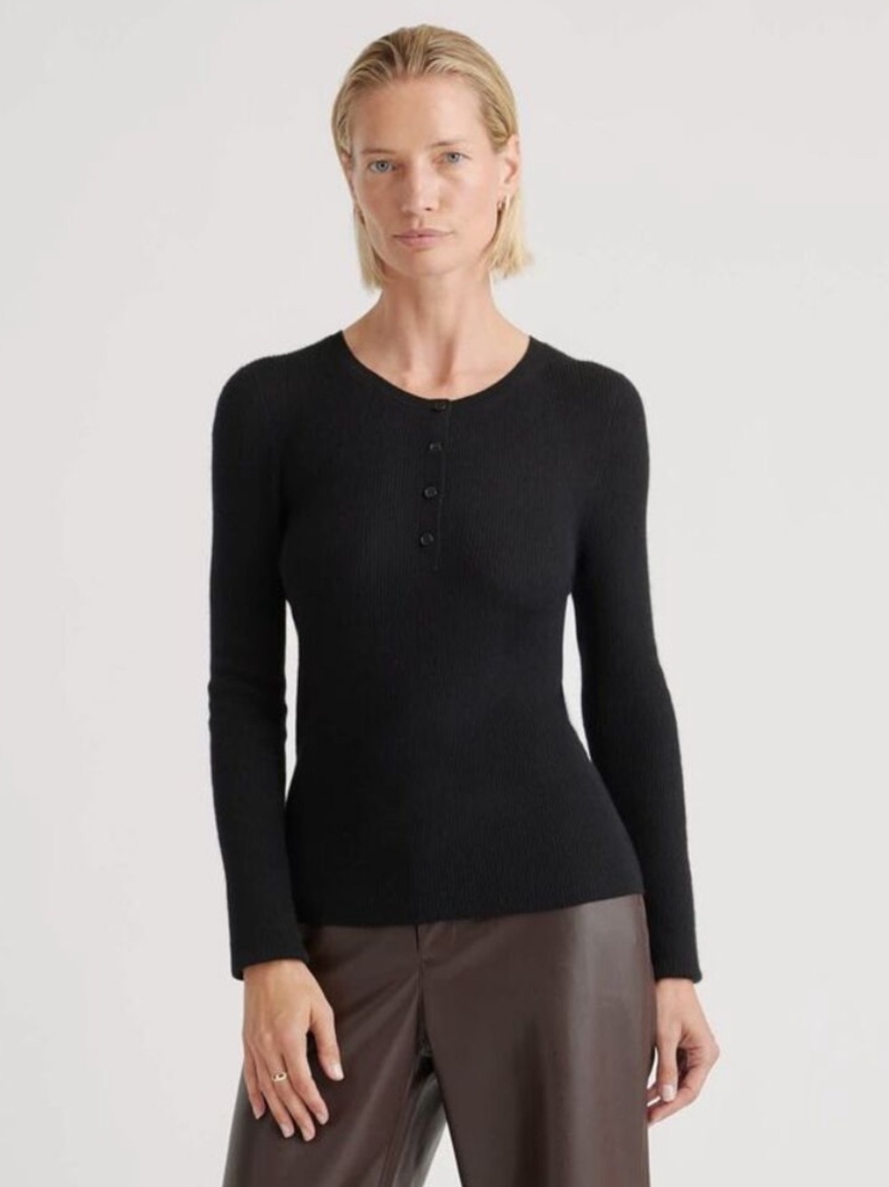 Quince Featherweight Cashmere Ribbed Henley Sweater Black Size M